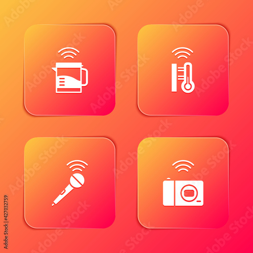 Set Smart electric kettle, thermometer, Wireless microphone and photo camera icon. Vector