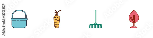 Set Basket, Carrot, Garden rake and Tree icon. Vector