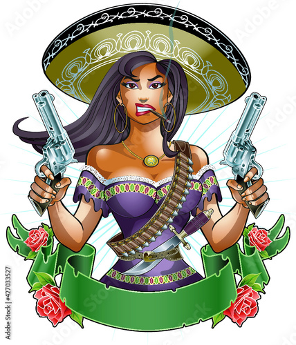 mexican girl with pistols, ammunition belt, banner with roses
