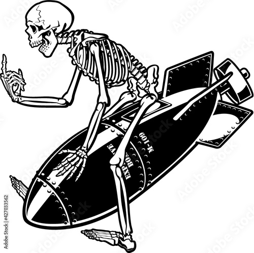 vector illustration of skeleton riding on air bomb 