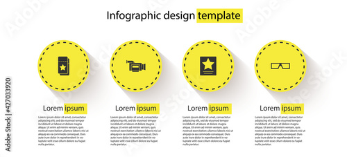 Set Cinema ticket, camera, Hollywood walk of fame star and 3D cinema glasses. Business infographic template. Vector