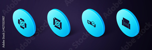 Set Isometric Cinema chair, Media projector, Movie spotlight and icon. Vector