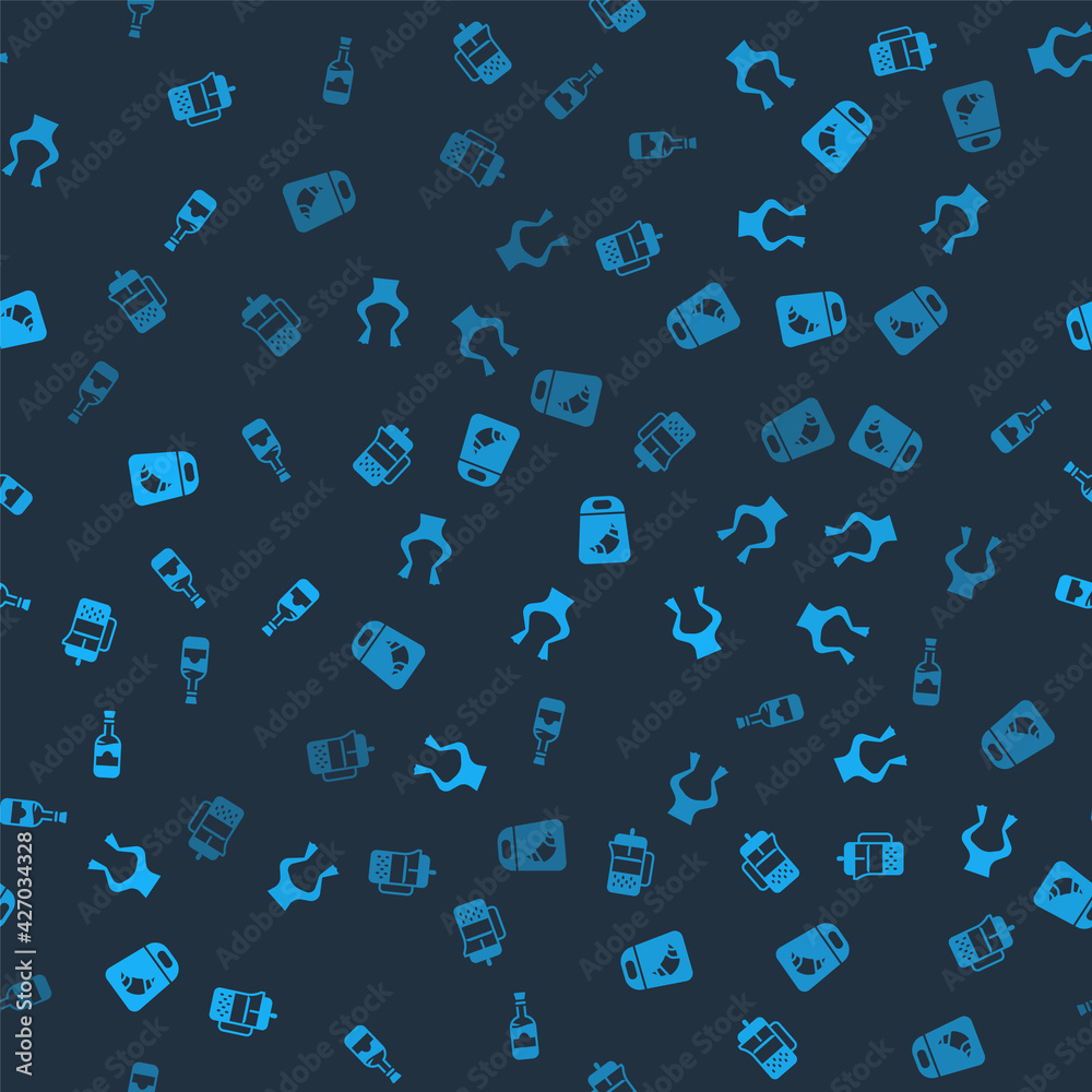 Set French press, Frog legs, Croissant package and Bottles of wine on seamless pattern. Vector Set French press, Frog legs, Croissant package and Bottles of wine on seamless pattern. Vector