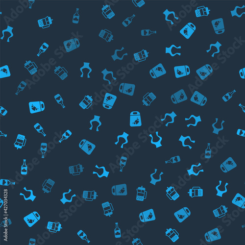 Set French press, Frog legs, Croissant package and Bottles of wine on seamless pattern. Vector