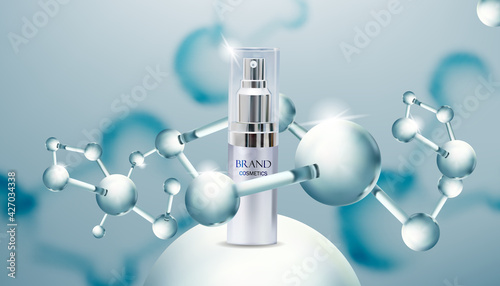 Beauty cosmetic product with molecule.cosmetics bottles mockup banner. Cosmetic packaging mockup design. vector illustration.