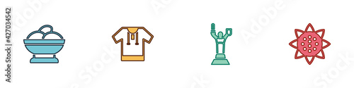 Set Varenyky in a bowl, Embroidered shirt, Mother Motherland monument and Sunflower icon. Vector