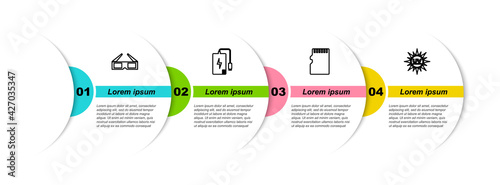 Set line 3D cinema glasses, Power bank, Micro SD memory card and UV protection. Business infographic template. Vector