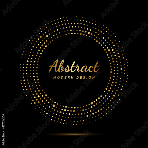 Circle gold dot frame. Luxury circular border with effect halftone. Elegant sphere boarder. Modern golden ring. Faded dots. Shape round pattern. Delicate graphic element for design prints. Vector