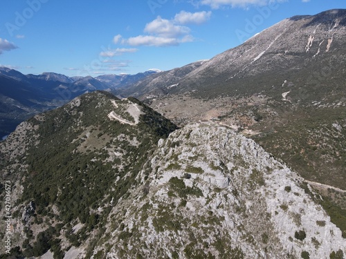 Aerial view Of historical kougi mountains and agia paraskevi church of souli In epirus, greece photo