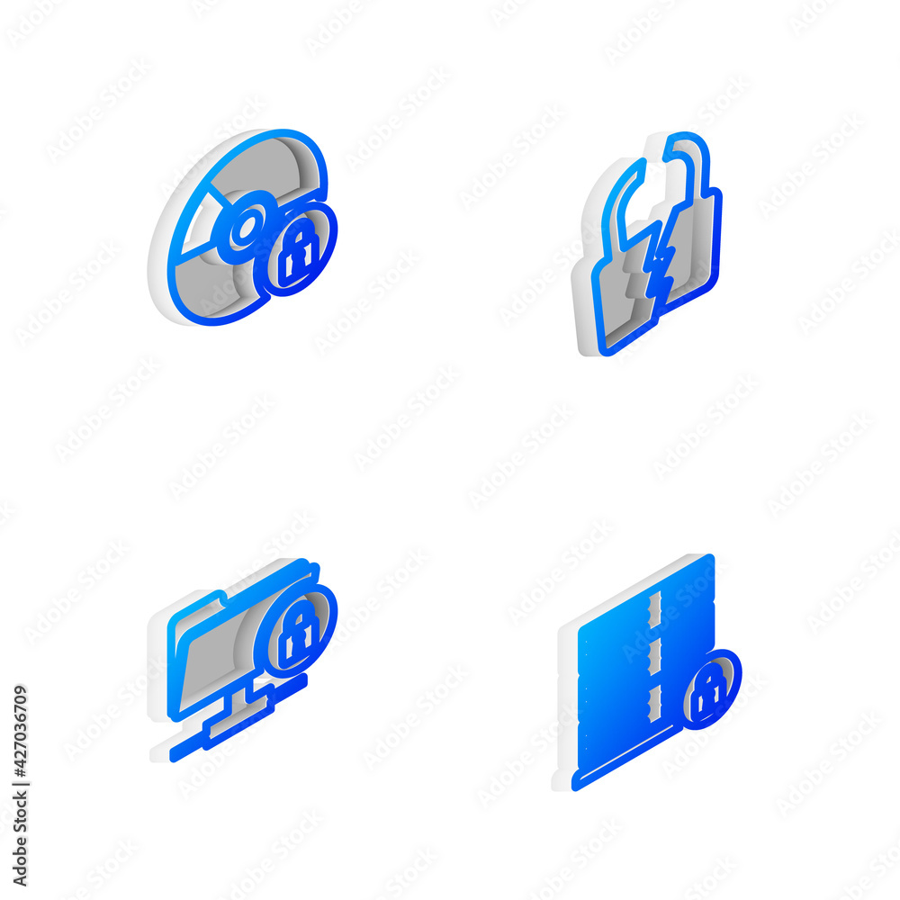Set Isometric line Broken or cracked lock, CD DVD disk with, FTP folder and and Server security icon. Vector Set Isometric line Broken or cracked lock, CD DVD disk with, FTP folder and and Server security icon. Vector