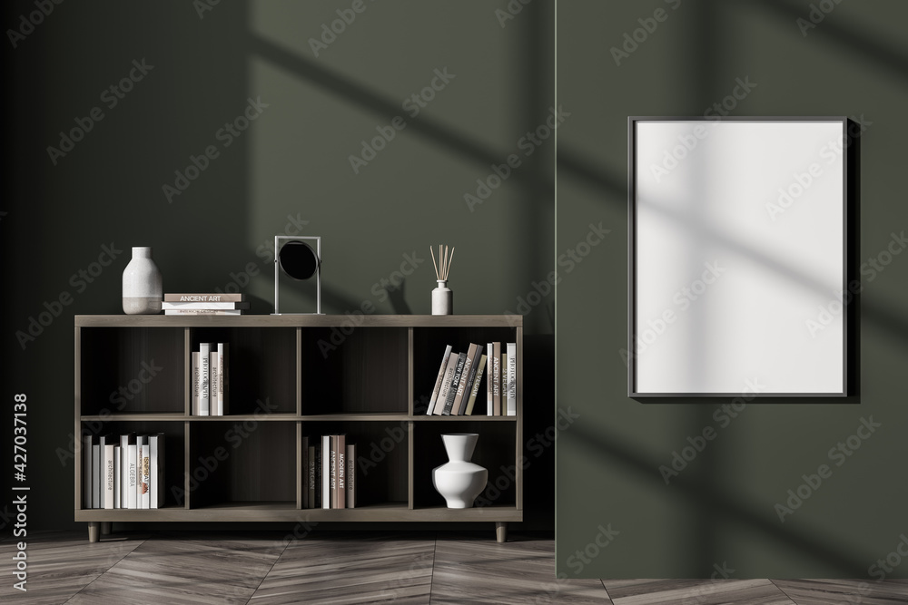 Dark living room interior with bookcase on oak wooden parquet Dark living room interior with bookcase on oak wooden parquet