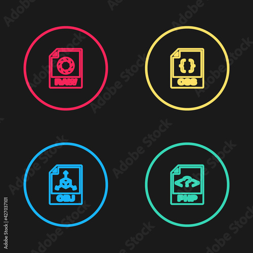 Set line OBJ file document, PHP, CSS and RAW icon. Vector