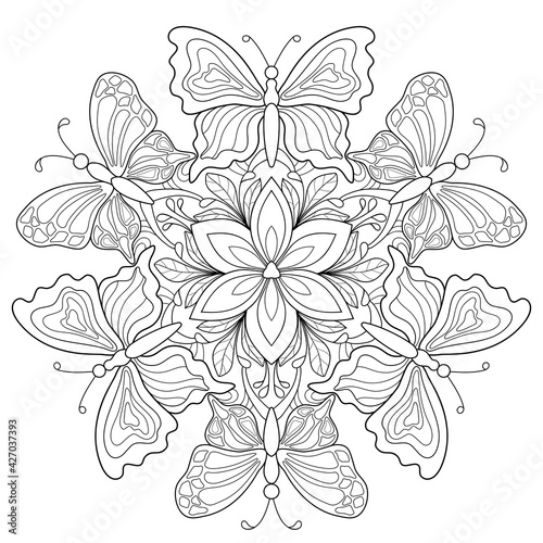Butterflies with simple patterns, flower and doodle leaves. Decorative summer mandala on a white isolated background. For coloring book pages.