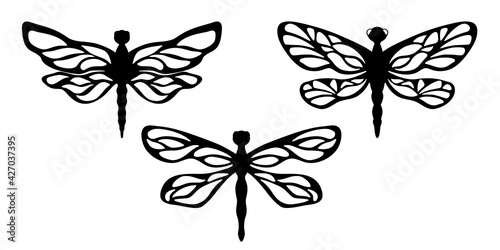 Silhouettes of dragonflies with simple white patterns on a white isolated background. Set of insects. Horizontal illustration. © Yana