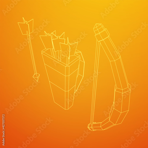Medieval Bow and arrow archer weapon. Wireframe low poly mesh vector illustration.