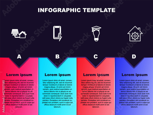Set line House with solar panel, Mobile charging battery, Light bulb and graduation cap and Smart home settings. Business infographic template. Vector