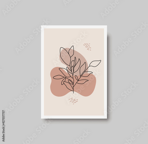 Botanical wall art abstract vector. Foliage line drawing. Neutral boho art print. Minimal mid century wall art print for bedroom decor. Gallery decor poster, terracota watercolor. Vector poster