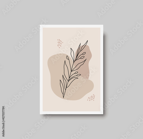 Botanical wall art abstract vector. Foliage line drawing. Neutral boho art print. Minimal mid century wall art print for bedroom decor. Gallery decor poster, terracota watercolor. Vector poster