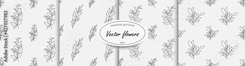 Set of floral seamless patterns. Simle black linear flower isolated on white background for wrapping, greenery and wallpaper. Nature texture vector collection of seamless patterns. Linear black plant