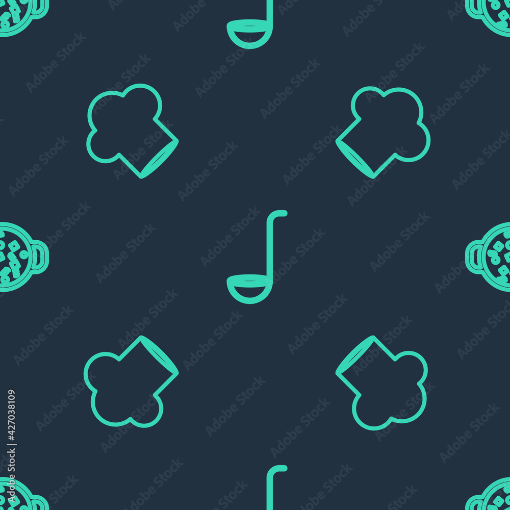 Set line Kitchen ladle, Chef hat and Cooking soup in pot on seamless pattern. Vector Set line Kitchen ladle, Chef hat and Cooking soup in pot on seamless pattern. Vector