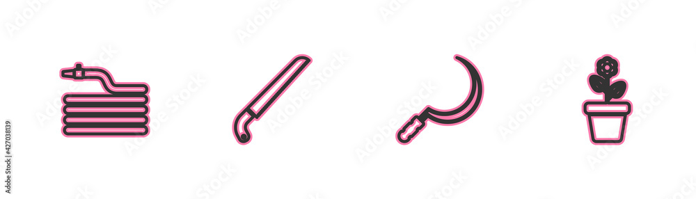 Set line Garden hose or fire hose, Sickle, saw and Flower in pot icon. Vector Set line Garden hose or fire hose, Sickle, saw and Flower in pot icon. Vector