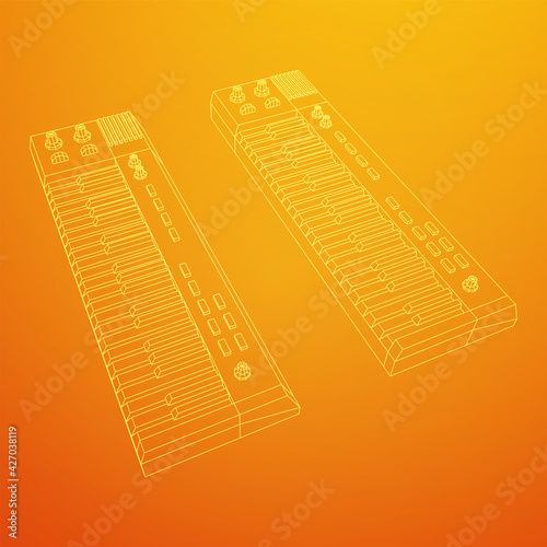Piano roll analog synthesizer faders buttons knobs. Wireframe low poly mesh vector illustration.