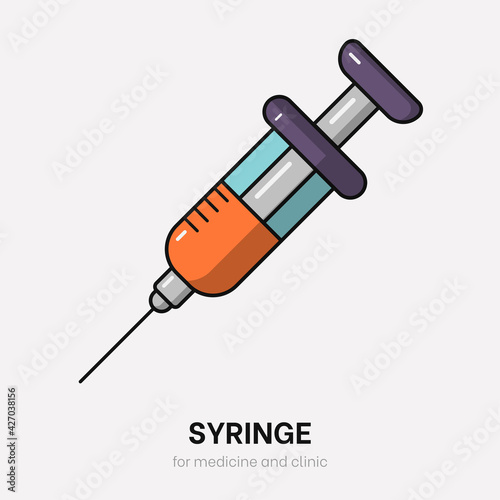 Cartoon syringe vector. Flat colorful injection with thin outlines for clinic. Coronavirus vaccine in syringe. Healthcare vector with needle for medicine and covid. Doctor equipment. Plastic syringe