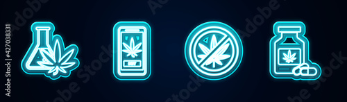 Set line Test tube with marijuana, Online buying, Stop and Medical bottle. Glowing neon icon. Vector
