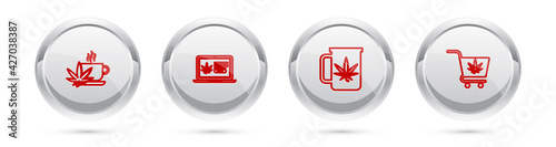 Set line Cup tea with marijuana, Online buying, and Shopping cart. Silver circle button. Vector