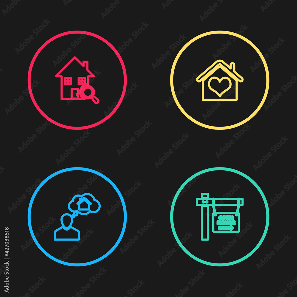 Set line Man dreaming about buying house, Hanging sign with Open, House heart shape and Search icon. Vector