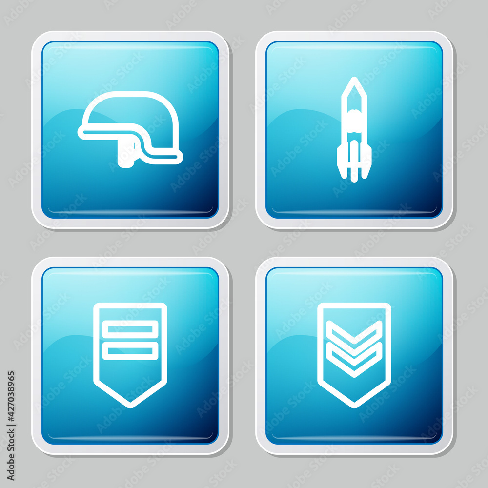 Set line Military helmet, Biohazard rocket, Chevron and icon. Vector Set line Military helmet, Biohazard rocket, Chevron and icon. Vector