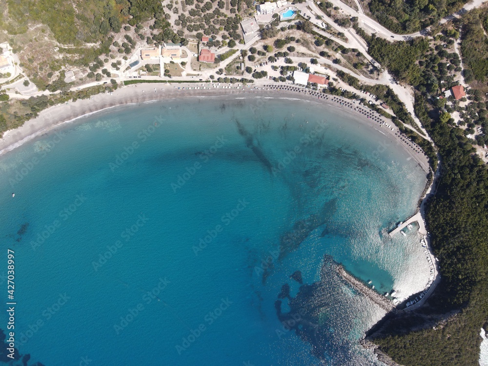 Aerial Shot: Arilla Exotic Beach of Perdika Town Greece, Epirus, Thesprotia 