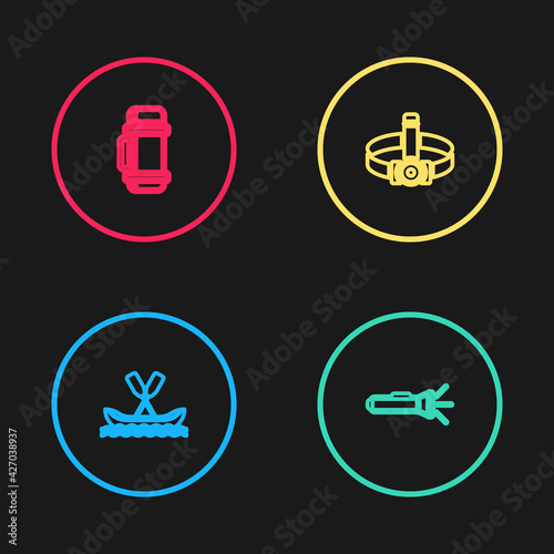 Set line Rafting boat, Flashlight, Head flashlight and Thermos container icon. Vector
