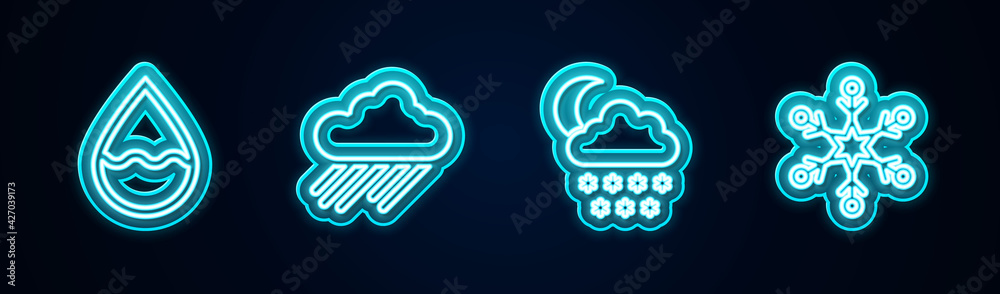 Set line Water drop, Cloud with rain, snow and moon and Snowflake. Glowing neon icon. Vector Set line Water drop, Cloud with rain, snow and moon and Snowflake. Glowing neon icon. Vector