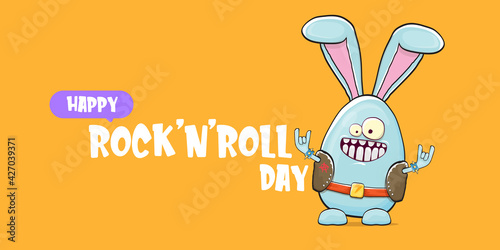 World rock n roll day horizontal banner with funny cartoon rock star rabbit character isolated on orange background. Rock n roll poster
