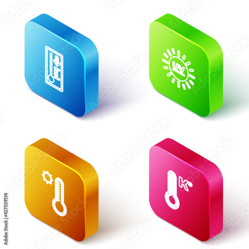 Set Isometric line Meteorology thermometer, UV protection, and icon. Vector