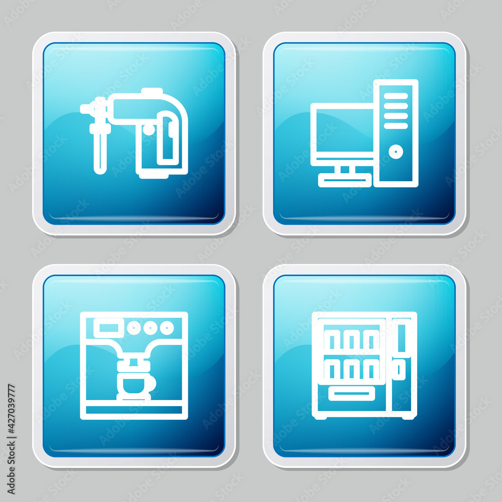 Set line Rotary hammer drill machine, Computer monitor, Coffee and cup and Vending icon. Vector Set line Rotary hammer drill machine, Computer monitor, Coffee and cup and Vending icon. Vector