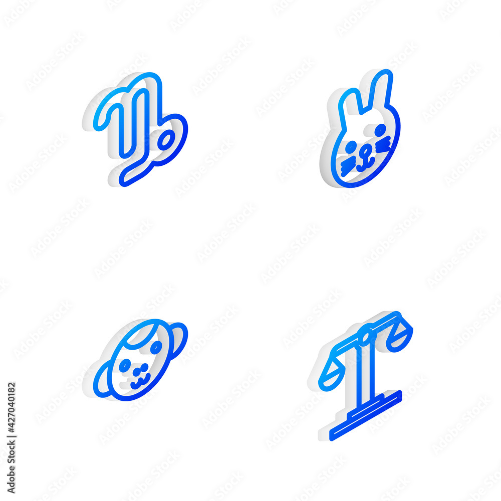 Set Isometric line Rabbit zodiac, Capricorn, Monkey and Libra icon. Vector Set Isometric line Rabbit zodiac, Capricorn, Monkey and Libra icon. Vector