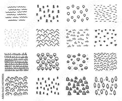 Designation on the map. Asset Signs on the map. Forests and fields. Water surfaces. Desert or mountains terrain. A stretch of land. Physical features. Hand drawn vector line contour.