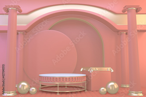 Pink podium show in pink color background.3D rendering