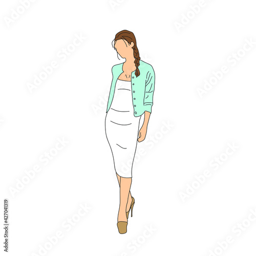 A woman in a white sheath dress and a blue cardigan on a white background. Vector illustration.