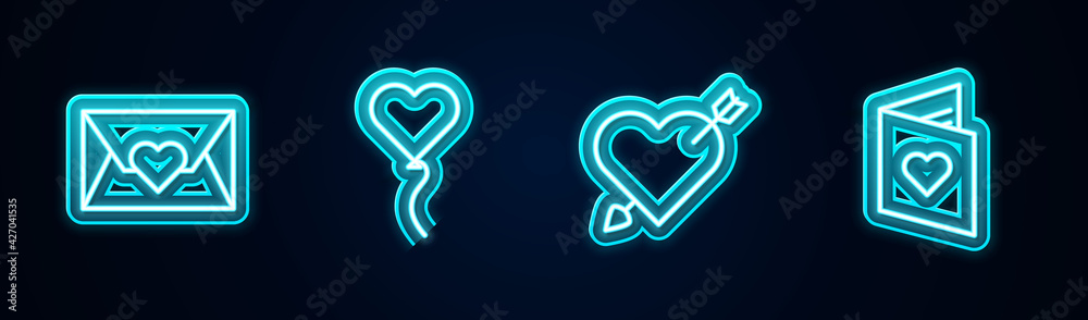 Set line Envelope with Valentine heart, Balloon form of, Amour and arrow and Valentines day flyer. Glowing neon icon. Vector Set line Envelope with Valentine heart, Balloon form of, Amour and arrow and Valentines day flyer. Glowing neon icon. Vector