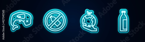 Set line Environment protection whale dead, No plastic bottle, Hand holding Earth globe and Lotion cosmetic tube. Glowing neon icon. Vector