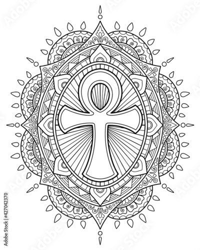 ankh decorative mandala design. coloring page, tattoo design, print design