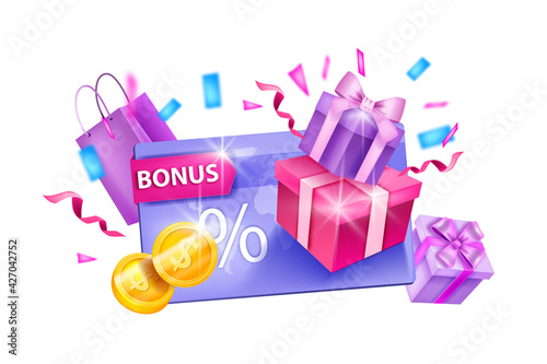 Customer loyalty program, vector bonus gift card illustration, present boxes, shopping bags, coins. Online reward, client discount, cashback concept isolated on white. Loyalty program e-commerce sale