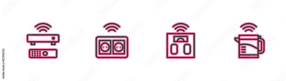 Set line Wireless TV box receiver, Smart bathroom scales, electrical outlet and kettle icon. Vector Set line Wireless TV box receiver, Smart bathroom scales, electrical outlet and kettle icon. Vector