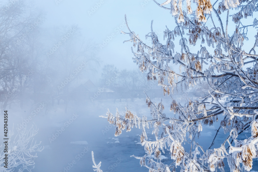 morning winter frosty landscape with fog and forest on the river bank, Russia, Ural, January.