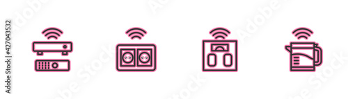Set line Wireless TV box receiver, Smart bathroom scales, electrical outlet and kettle icon. Vector