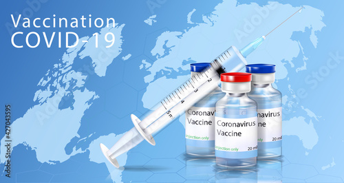 Coronavirus vaccination banner with covid-19 vaccine bottle, syringe on the background of the map . 3d vector realistic.Vector concept of immunization, treatment, medical research.
