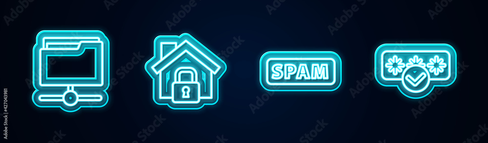 Set line FTP folder, House under protection, Spam and Password. Glowing neon icon. Vector Set line FTP folder, House under protection, Spam and Password. Glowing neon icon. Vector